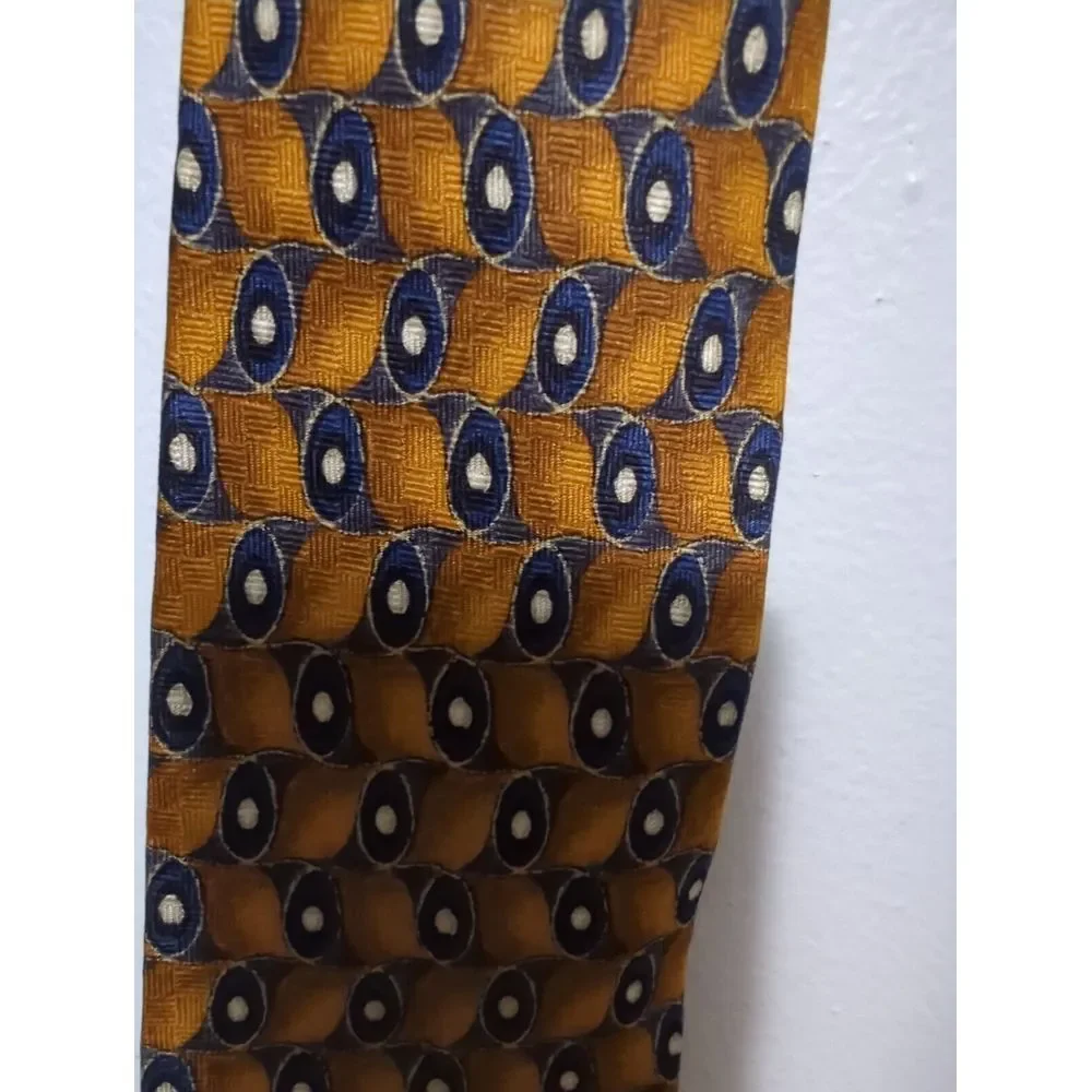 JZ‎ Richards Mens Silk Tie Gold Navy Blue Geometric Circles Hand Crafted USA